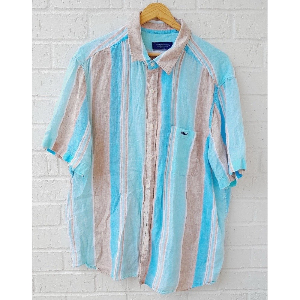 Vineyard Vines Linen Button‎ Up Short Sleeve Stripes Preppy Resort Coastal Sz L